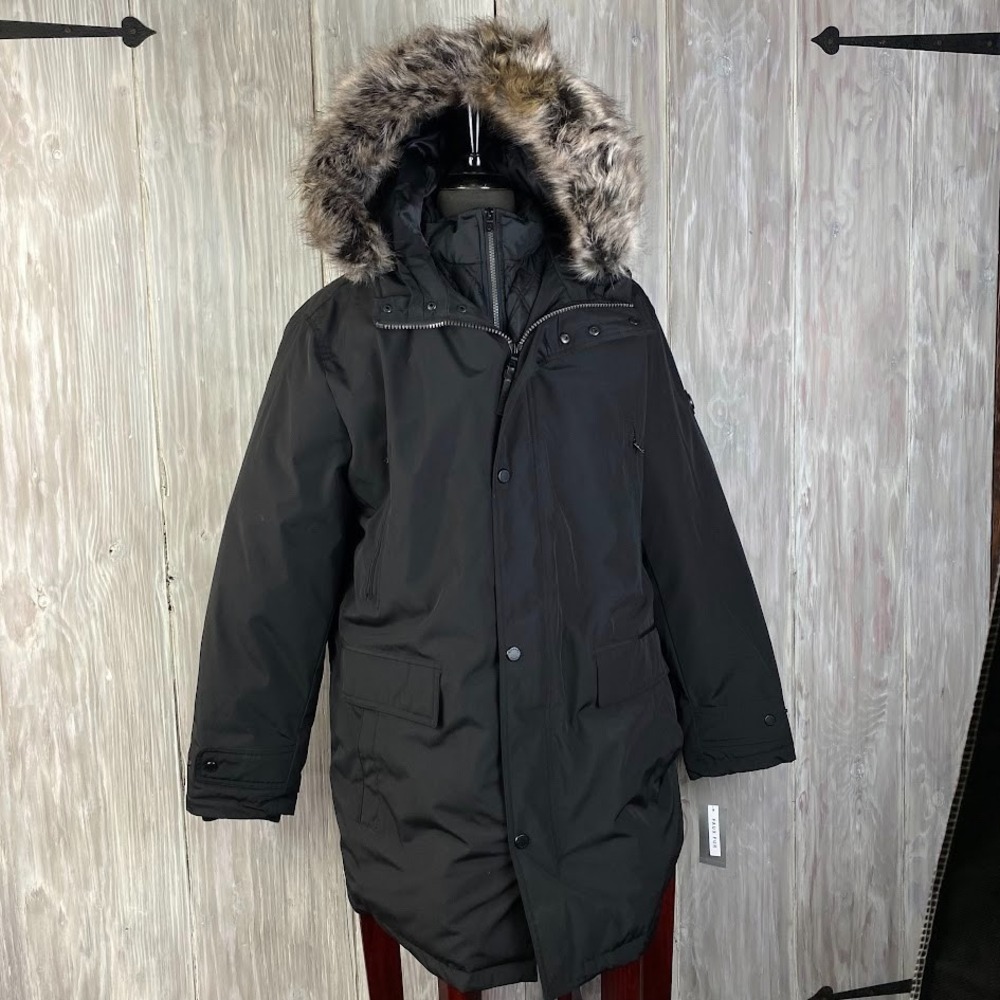 Michael Kors Mens Parka Coat Size XL Tall‎ Black Bib Front Snorkel Faux Fur Hood
